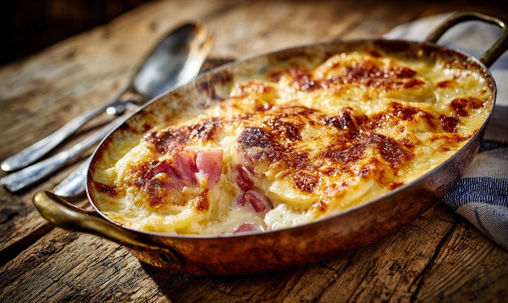 Gratin poireau jambon maison doré au fromage sur une table rustique, recette facile et gourmande