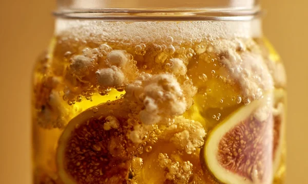Gros plan sur les grains de kéfir bouillonnants dans un bocal pendant la fermentation