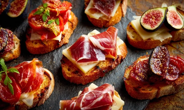 Assortiment de montaditos au jamón serrano, chorizo, manchego et figue sur pain grillé