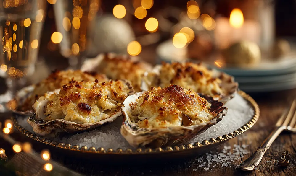 Huîtres gratinées dorées au four, servies en entrée de fête avec parmesan et vin blanc