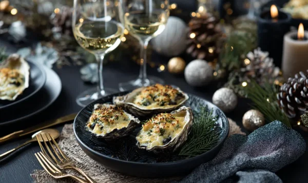 Table de fête avec huîtres gratinées dorées et verres de vin blanc