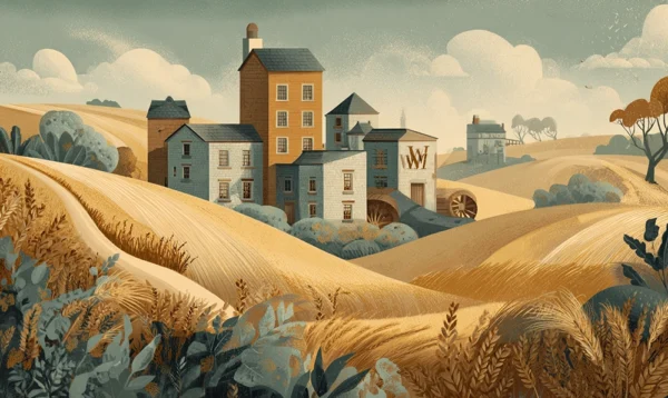Illustration rétro d’un moulin anglais et de la campagne, origine du Weetabix