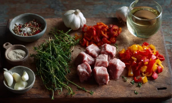 Poivrons rouges, piment d’Espelette et veau coupé au couteau pour axoa