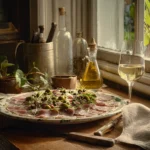 Plat traditionnel de vitello tonnato sur une table rustique en Italie