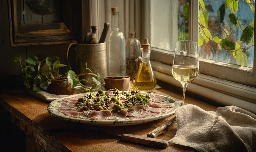 Plat traditionnel de vitello tonnato sur une table rustique en Italie