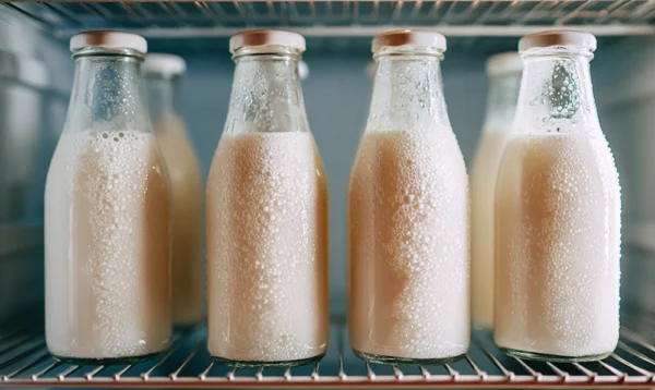 Bouteilles de kéfir maison réfrigérées avec condensation, boisson probiotique artisanale