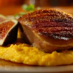 Magret de canard croustillant avec purée de patate douce et figues rÎties