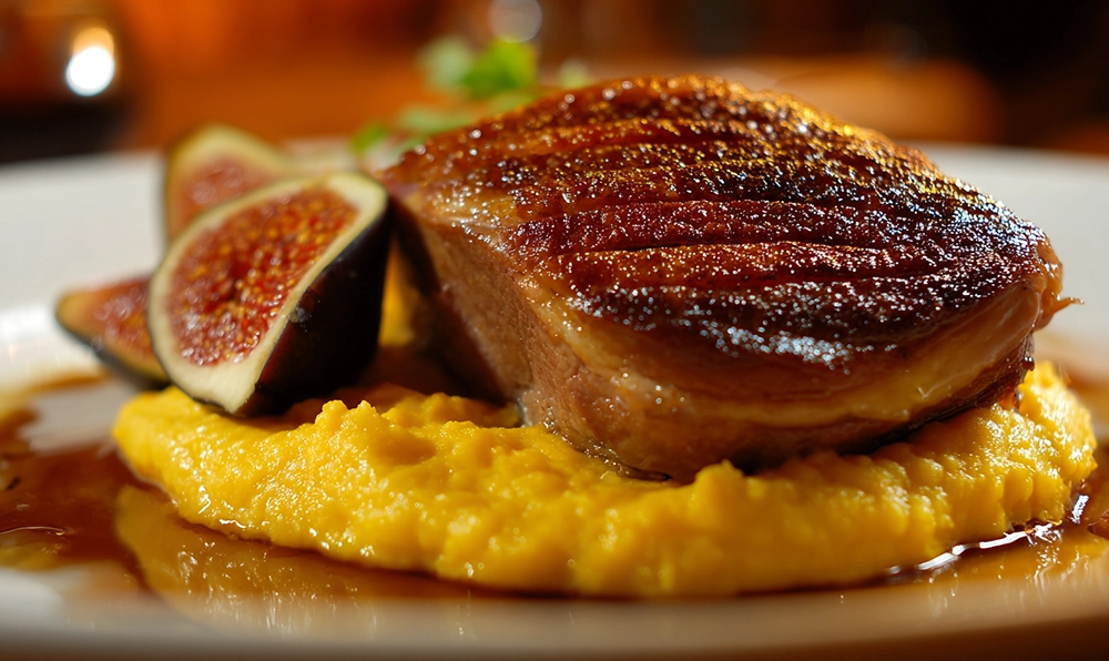 Magret de canard croustillant avec purée de patate douce et figues rôties