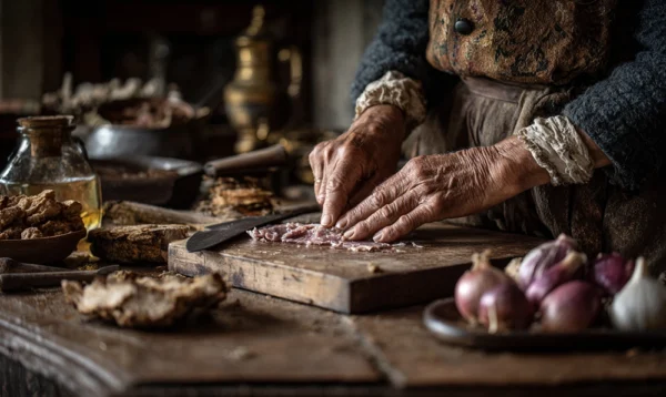 Mains de grand-mère préparant la viande du pâté de campagne