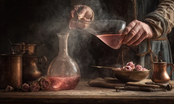 Mains versant un sirop de rose chaud à travers une passoire fine dans une bouteille en verre