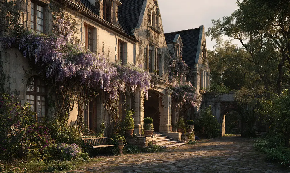 Façade romantique du Manoir Henri IV entourée de verdure et glycines en fleurs
