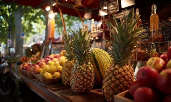 Étals de fruits au marché provençal, ananas, kiwi, melon et raisins