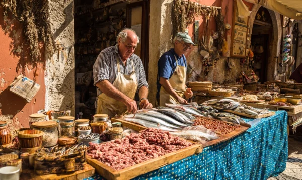 Pêcheur vendant de la poutargue sur un marché sicilien baigné de soleil