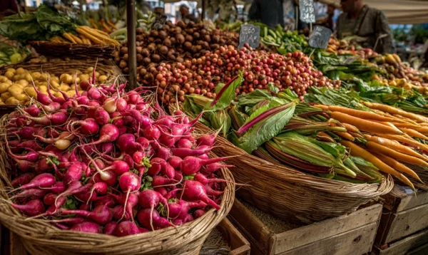 Marché provençal présentant des fruits et légumes commençant par la lettre R
