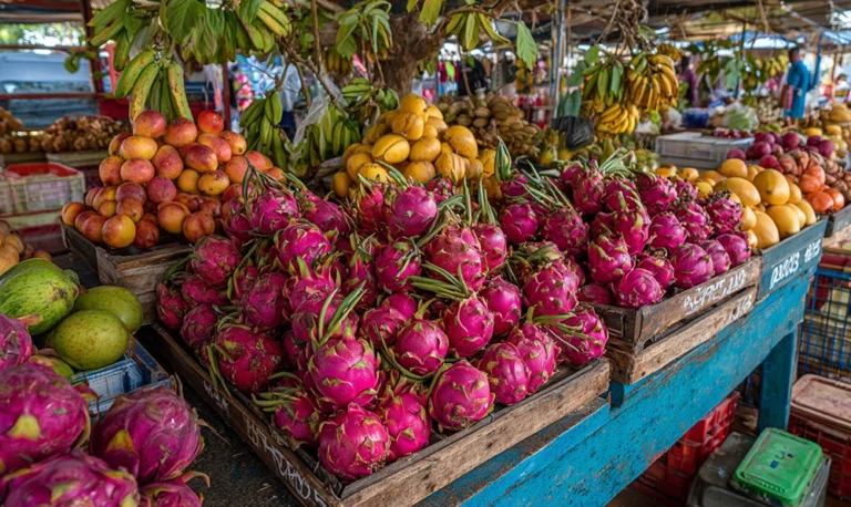 Marché tropical coloré en Guadeloupe avec des icaques sur un étal