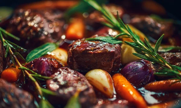 Gros plan sur des morceaux de sanglier marinant dans du vin rouge avec légumes et herbes de Provence.