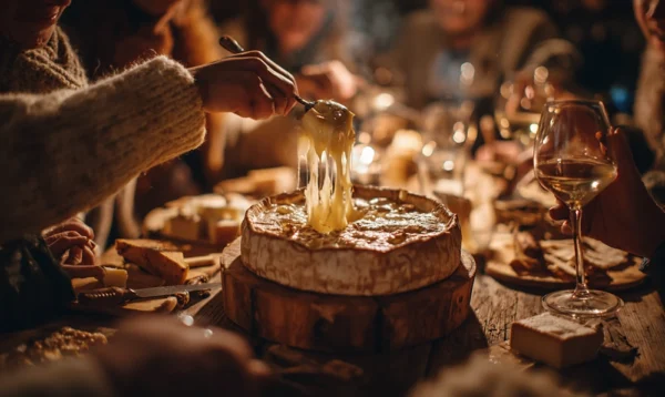 Amis partageant un Mont d'Or fondu autour d’une table en bois, ambiance chaleureuse