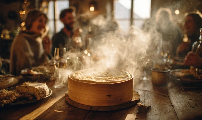 Mont d'Or fondant dans sa boîte d’épicéa, sortant du four, ambiance chaleureuse d’hiver
