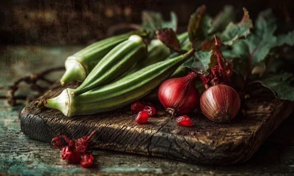Gros plan sur des okras, oignons rouges et feuilles d’oseille posés sur une planche en bois