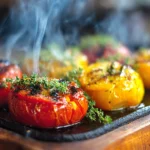 Tomates rouges et jaunes grillées à la plancha sur table d’été