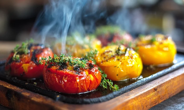Tomates rouges et jaunes grillées à la plancha sur table d’été