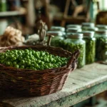 Panier de petits pois frais et bocaux maison sur une table en bois, ambiance printanière