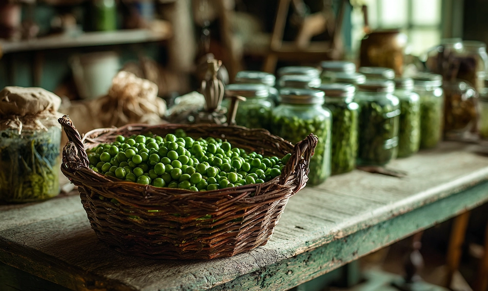 Panier de petits pois frais et bocaux maison sur une table en bois, ambiance printanière