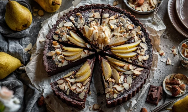 Part de tarte au chocolat noir et amandes caramélisées avec lamelles de poires sur assiette gourmande