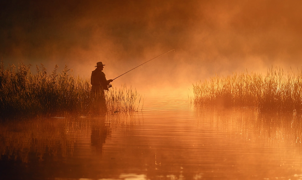 Pêcheur attrapant un black bass sur un lac au lever du soleil