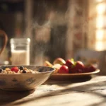 Bol de Weetabix avec lait et fruits sur une table ensoleillée pour un matin sain