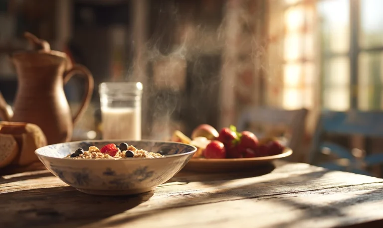 Bol de Weetabix avec lait et fruits sur une table ensoleillée pour un matin sain