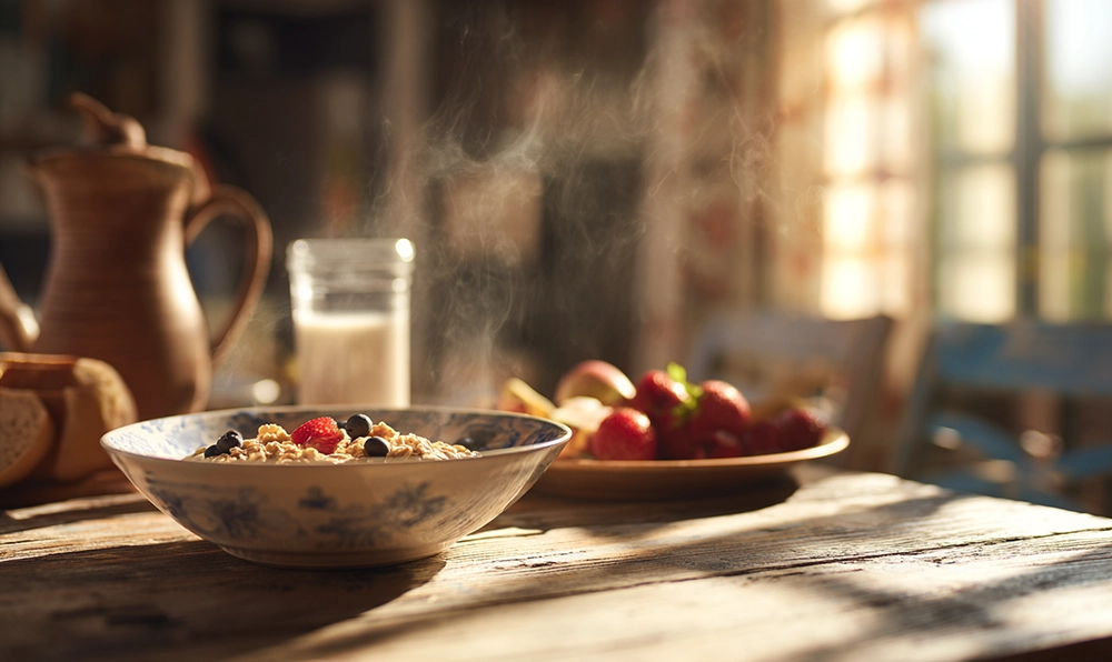 Bol de Weetabix avec lait et fruits sur une table ensoleillée pour un matin sain