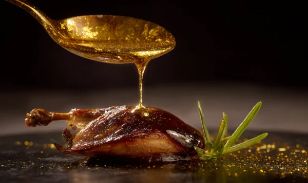Gros plan d’une pintade nappée d’une sauce crémeuse et brillante, photo macro culinaire