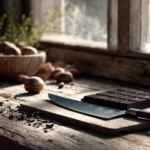 Tablette de chocolat noir et grand couteau sur plan de travail pour faire ses pépites maison