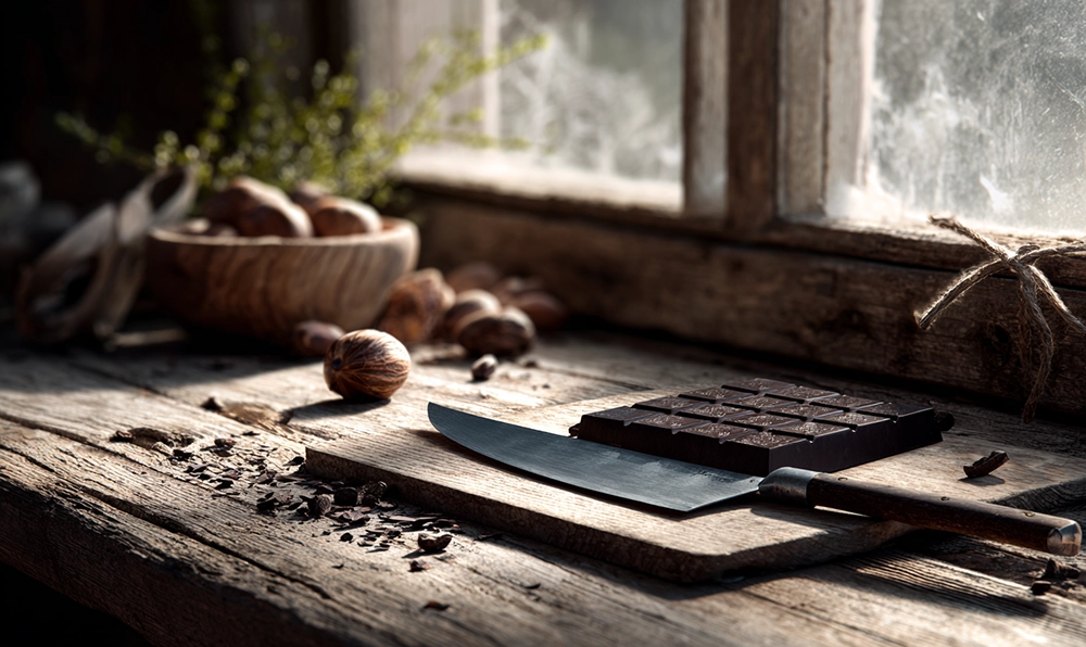 Tablette de chocolat noir et grand couteau sur plan de travail pour faire ses pépites maison