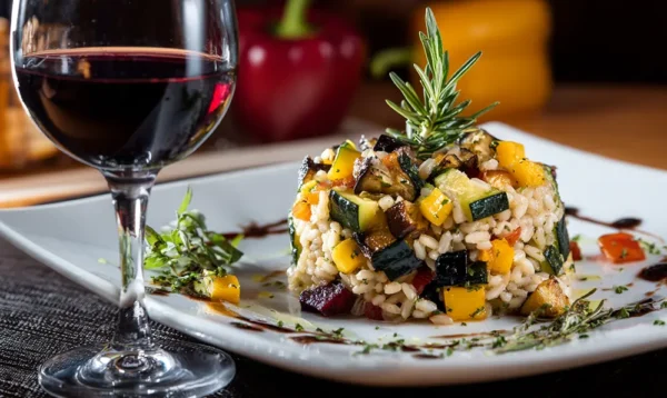 Plat coloré méditerranéen au restaurant Büma Nice, risotto aux légumes et verre de vin rouge