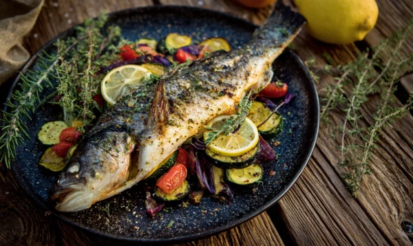Assiette de black bass doré à la poêle avec légumes colorés et citron