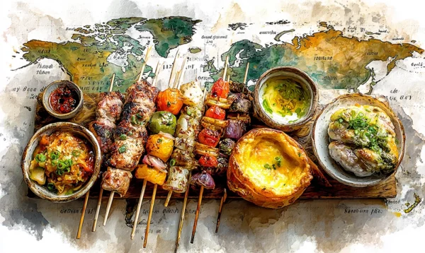 Collage de plats du monde commençant par Y sur fond de carte illustrée