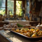 Pommes de terre croustillantes à la graisse de canard sur une table rustique du Périgord