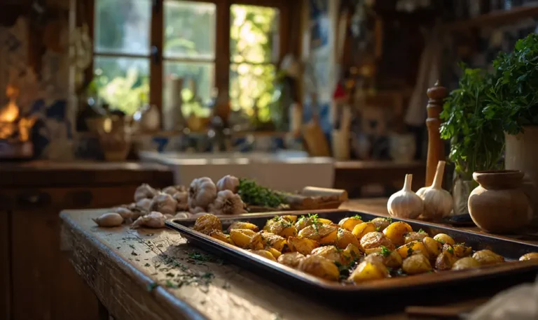 Pommes de terre croustillantes à la graisse de canard sur une table rustique du Périgord