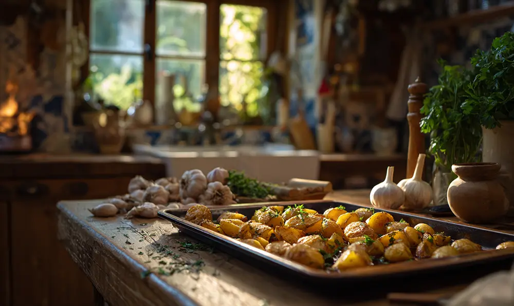 Pommes de terre croustillantes à la graisse de canard sur une table rustique du Périgord