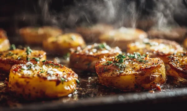 Pommes de terre dorées sur plaque de cuisson avec ail et persil frais