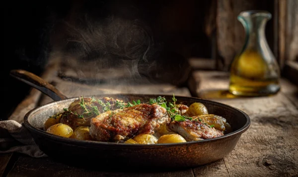 Pommes de terre sarladaises croustillantes au persil et à l’ail dans une poêle en fonte