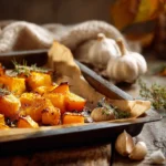 morceaux de potiron rôtis au four avec ail et thym sur plaque de cuisson