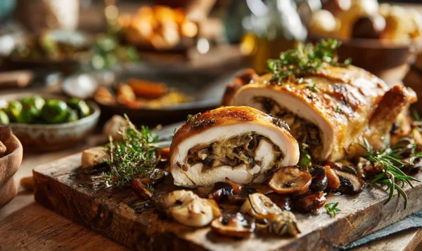 Poularde farcie tranchée avec marrons et légumes rôtis, présentée sur planche en bois