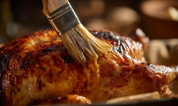 Gros plan sur une poularde rôtie arrosée de jus doré dans une cuisine familiale
