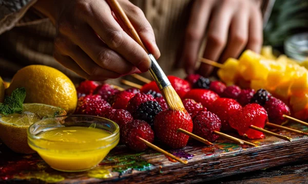 Mains badigeonnant des fruits de jus de citron pour éviter le brunissement