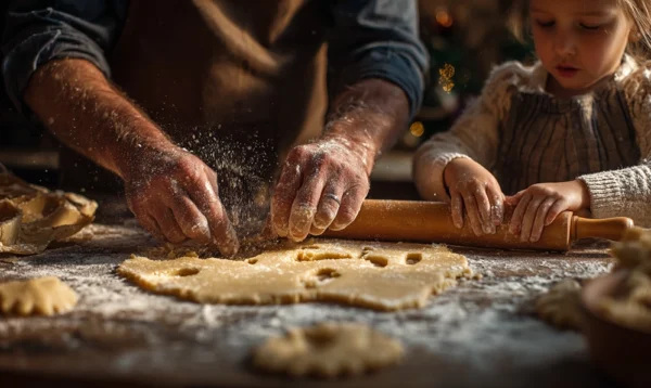 Enfants et adultes découpant des sablés à l’amande dans une pâte dorée