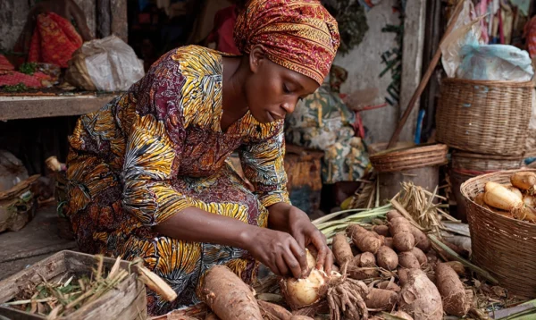Scène de marché africain avec préparation d’ignames, symbole de richesse culinaire