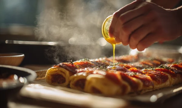 Étapes de la recette du roulé chorizo : badigeonner la pâte feuilletée et garnir de fromage